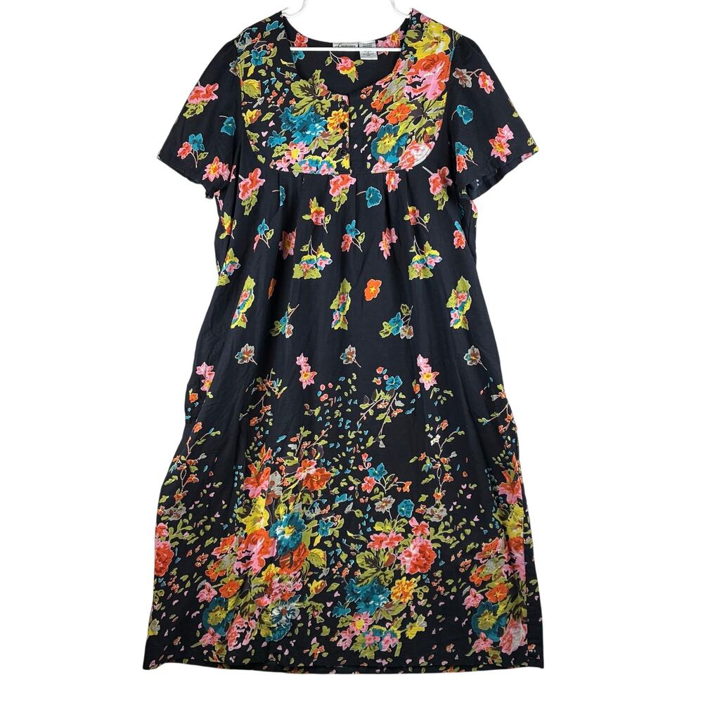 Loungees Maxi House Dress Women's 1X Contemporary Lagenlook Floral Pockets Black